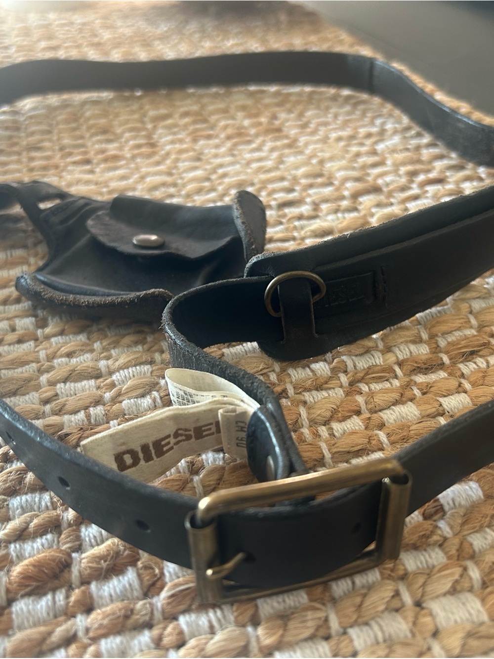 Diesel Black Leather Compact Belt Bag with Brass Buckle